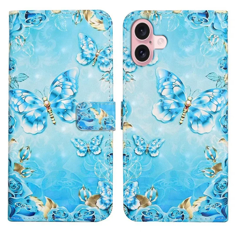 For iPhone 17 Case 3D Creative Pattern PU Leather Stand Phone Cover - Blue Butterfly