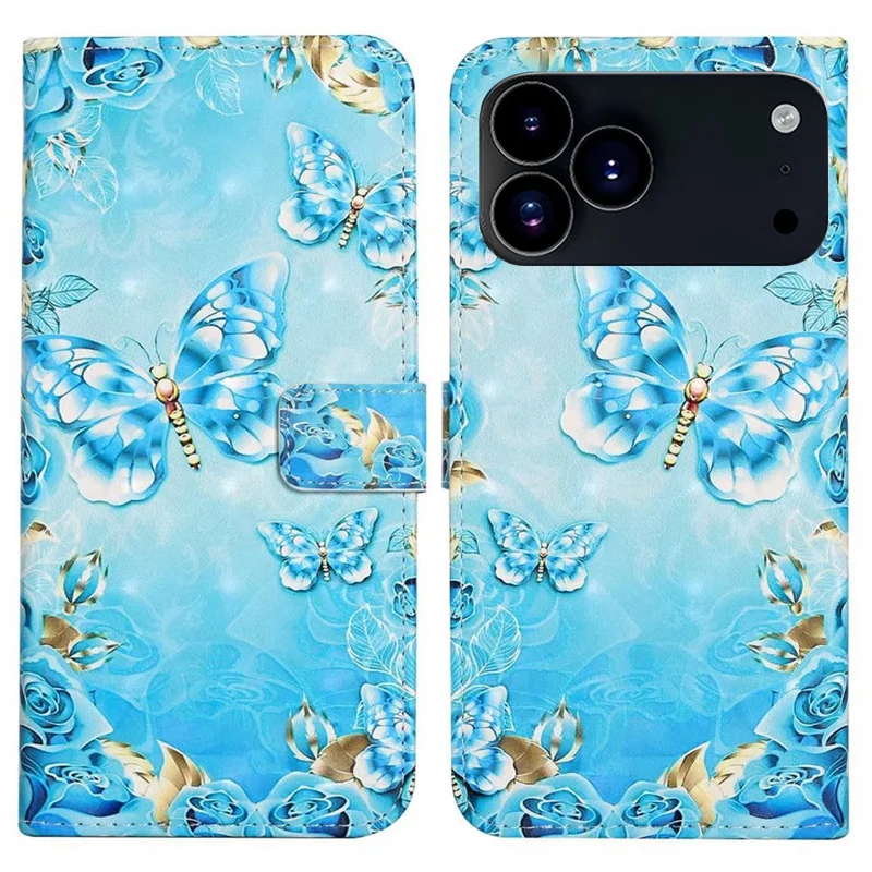 Voor iPhone 17 Pro-hoesje 3D creatief patroon PU leer standaard telefoonhoesje - Blauwe vlinder