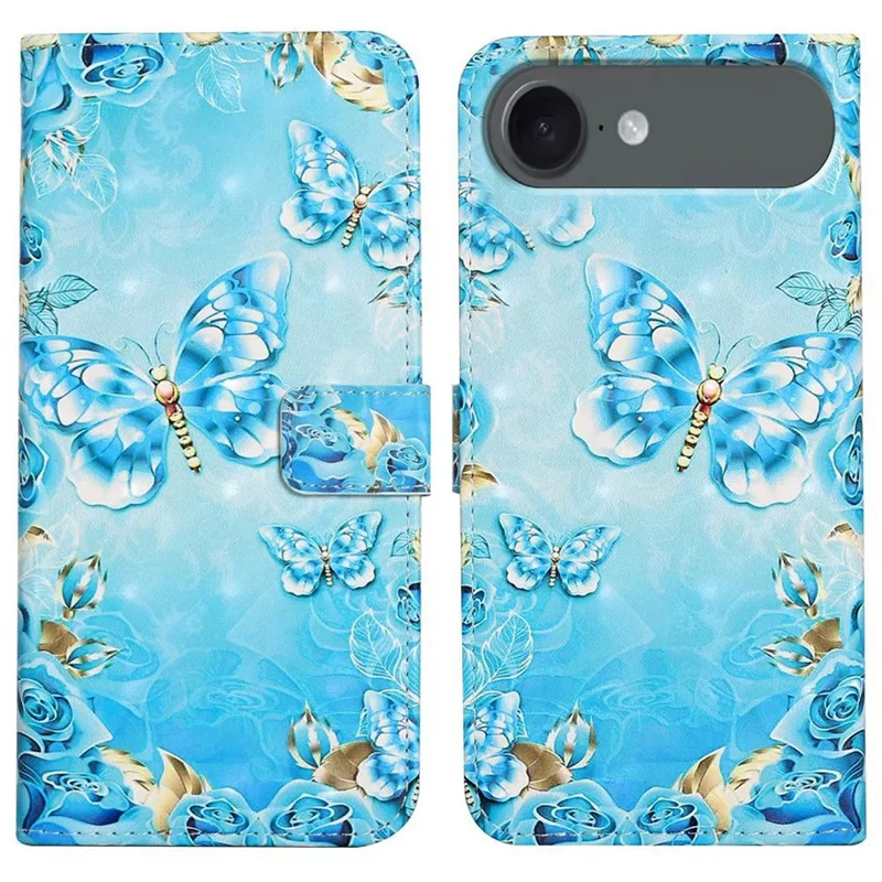 Custodia Air per iPhone 17 con Modello 3D Creativo in Pelle PU con Supporto - Farfalla Blu