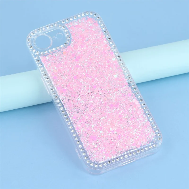 For iPhone 16e Case Rhinestone Edge Glitter Epoxy TPU Phone Cover - Pink