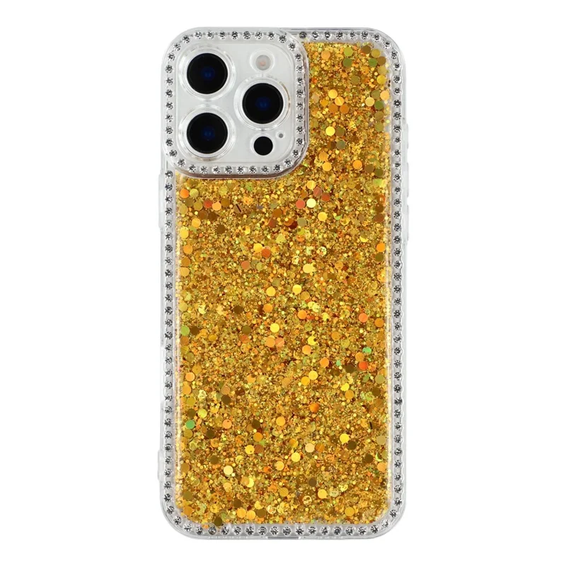 For iPhone 16 Pro Case Rhinestone Edge Glitter Epoxy TPU Phone Cover - Gold