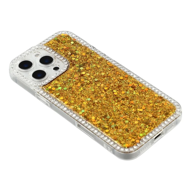 For iPhone 16 Pro Case Rhinestone Edge Glitter Epoxy TPU Phone Cover - Gold