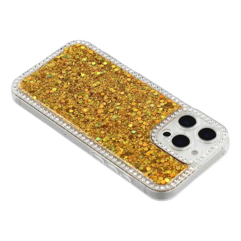 For iPhone 16 Pro Case Rhinestone Edge Glitter Epoxy TPU Phone Cover - Gold