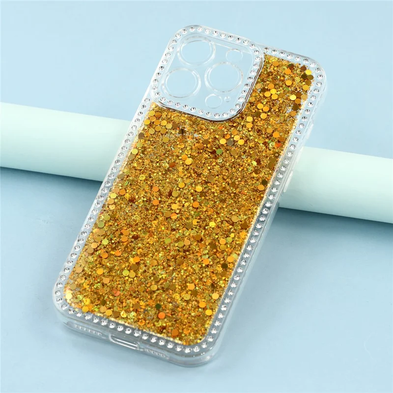 For iPhone 16 Pro Case Rhinestone Edge Glitter Epoxy TPU Phone Cover - Gold
