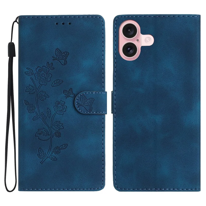 For iPhone 17 Case Leather Imprinted Flower Phone Cover Wallet with Wrist Strap - Blue