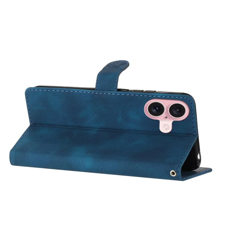 For iPhone 17 Case Leather Imprinted Flower Phone Cover Wallet with Wrist Strap - Blue