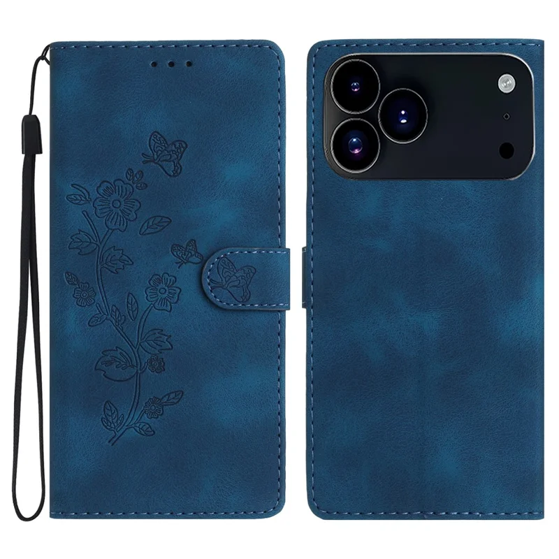 Für iPhone 17 Pro Hülle Leder Geprägtes Blumen Handyhülle Geldbörse mit Handschlaufe - Blau
