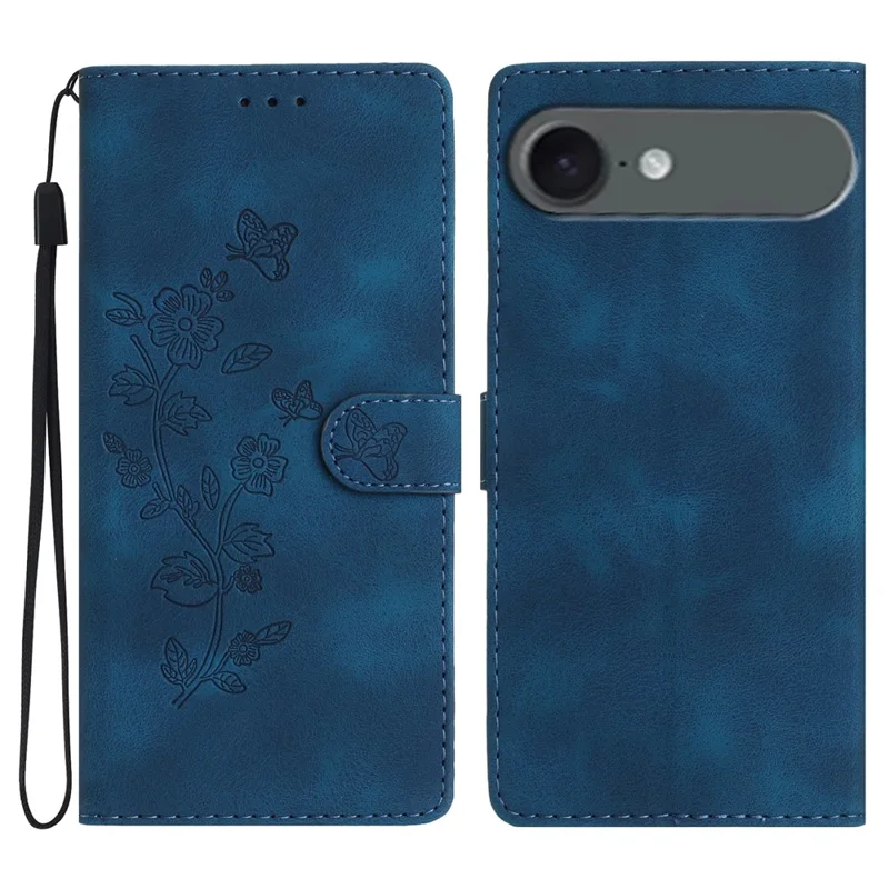 Funda de cuero con flores estampadas para iPhone 17 con tapa tipo cartera y correa de muñeca - Azul