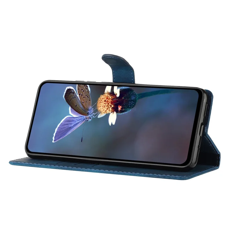 Funda de cuero con flores estampadas para iPhone 17 con tapa tipo cartera y correa de muñeca - Azul