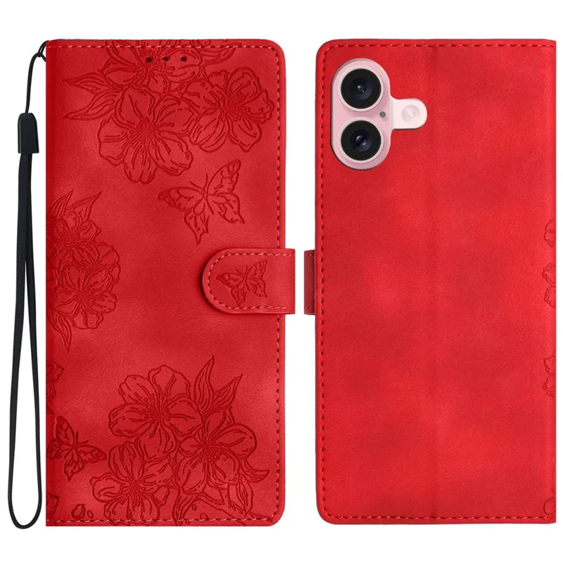 For iPhone 17 Case Butterfly Flower Pattern Skin-Touch Leather Phone Cover - Red