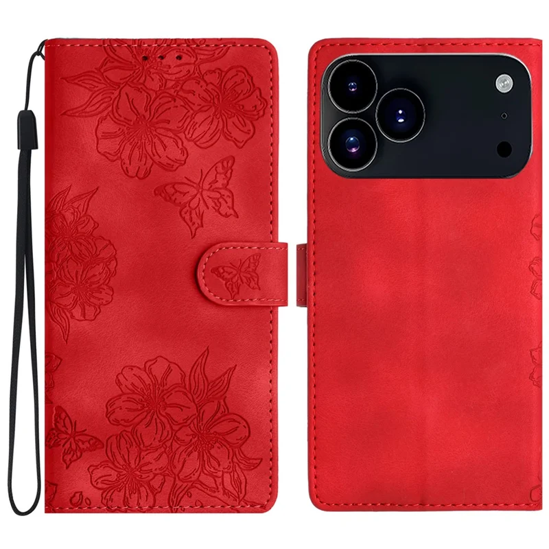 For iPhone 17 Pro Case Butterfly Flower Pattern Skin-Touch Leather Phone Cover - Red
