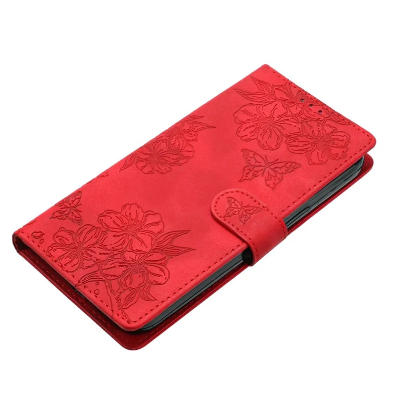For iPhone 17 Pro Case Butterfly Flower Pattern Skin-Touch Leather Phone Cover - Red