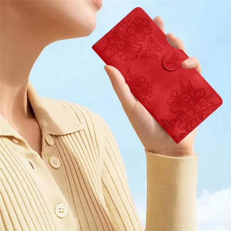 For iPhone 17 Pro Case Butterfly Flower Pattern Skin-Touch Leather Phone Cover - Red