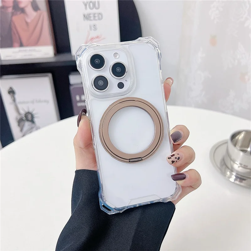 For iPhone 15 Pro Max Magnetic Case Ring Kickstand TPU + PC Phone Cover - Brown