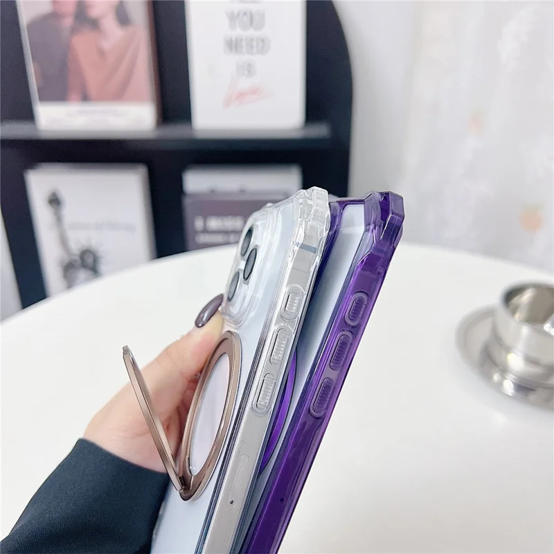 For iPhone 15 Pro Max Magnetic Case Ring Kickstand TPU + PC Phone Cover - Transparent