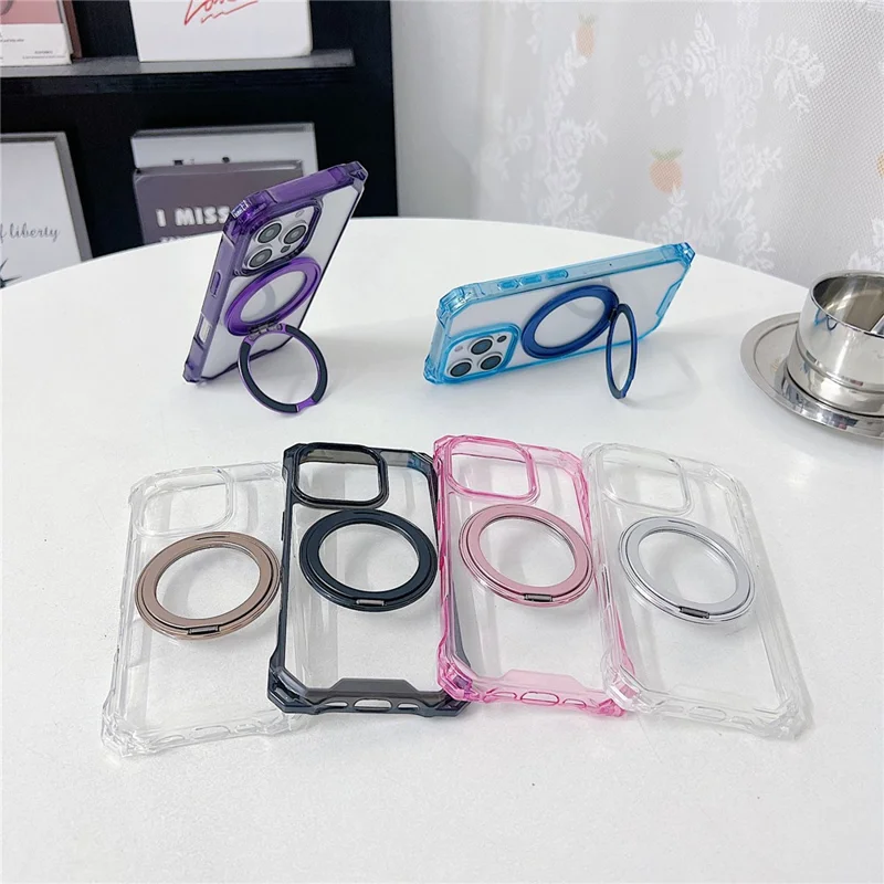 For iPhone 15 Pro Max Magnetic Case Ring Kickstand TPU + PC Phone Cover - Transparent