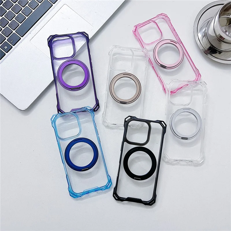 For iPhone 16 Pro Max Magnetic Case Ring Kickstand TPU + PC Phone Cover - Transparent
