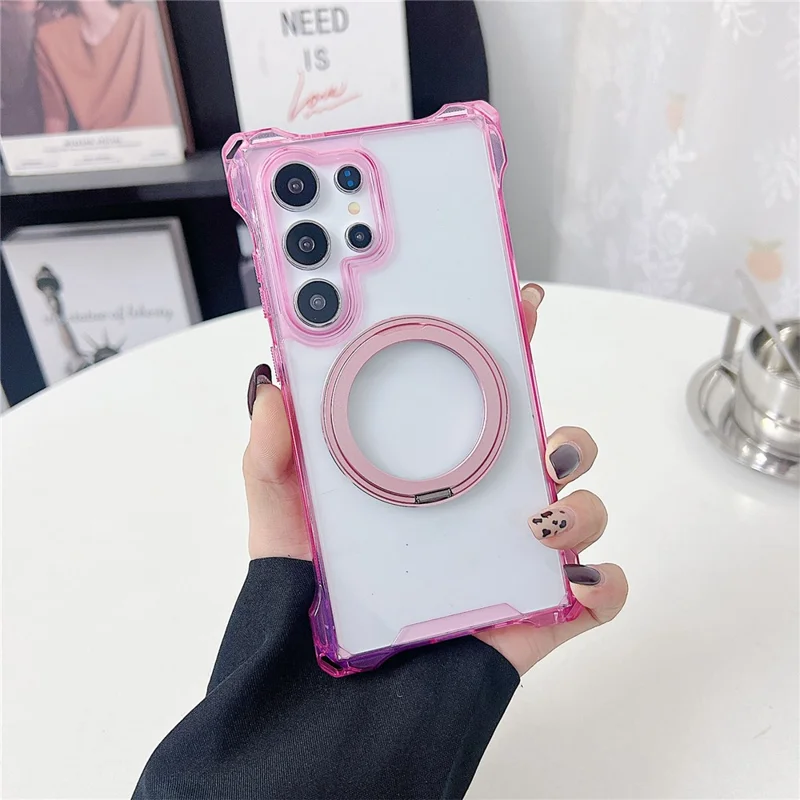 For Samsung Galaxy S24 Ultra Magnetic Case Ring Kickstand TPU + PC Phone Cover - Pink