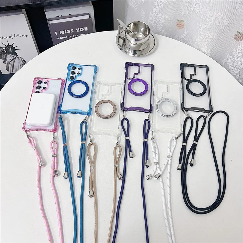 For Samsung Galaxy S25 Ultra Magnetic Case Ring Kickstand TPU + PC Phone Cover with Lanyard - Blue