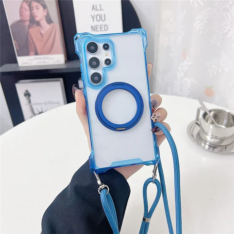 For Samsung Galaxy S24 Ultra Magnetic Case Ring Kickstand TPU + PC Phone Cover with Lanyard - Blue