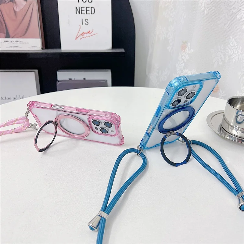 For iPhone 16 Pro Max Magnetic Case Ring Kickstand TPU + PC Phone Cover with Lanyard - Black