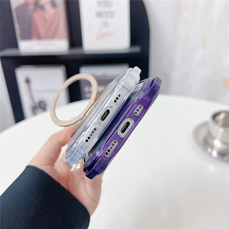 For iPhone 15 Pro Magnetic Case Ring Kickstand TPU + PC Phone Cover with Lanyard - Purple