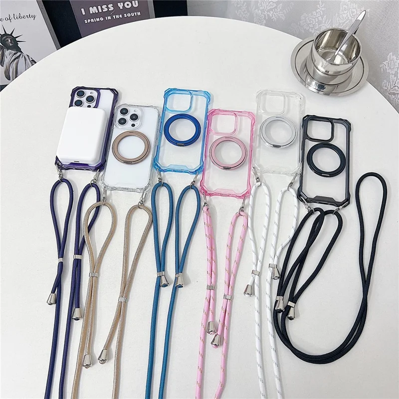 For iPhone 15 Pro Magnetic Case Ring Kickstand TPU + PC Phone Cover with Lanyard - Purple