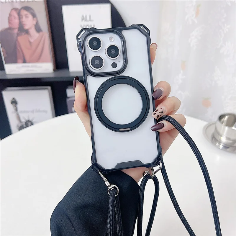 For iPhone 15 Pro Max Magnetic Case Ring Kickstand TPU + PC Phone Cover with Lanyard - Black