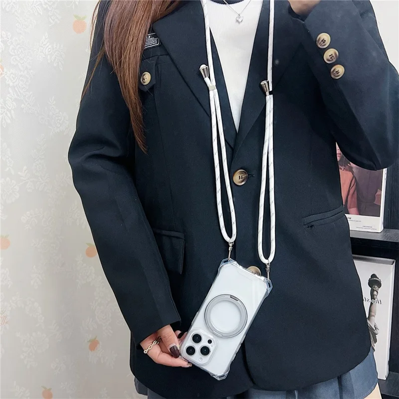 For iPhone 15 Pro Max Magnetic Case Ring Kickstand TPU + PC Phone Cover with Lanyard - Black