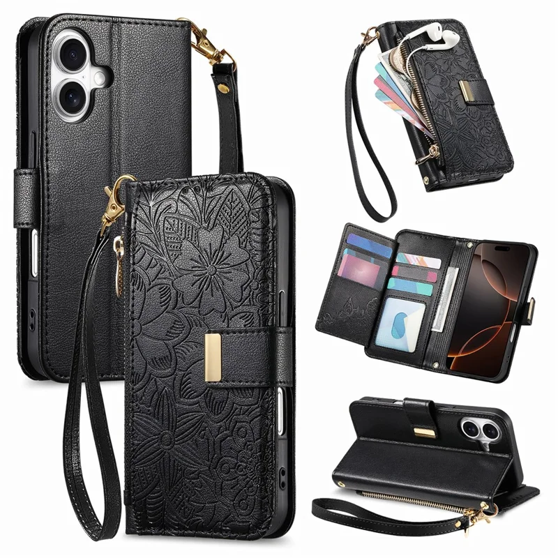 For iPhone 16 Case Floral Leaf Pattern Multi Card Slots Zipper Leather Phone Cover with Wrist Strap - Black