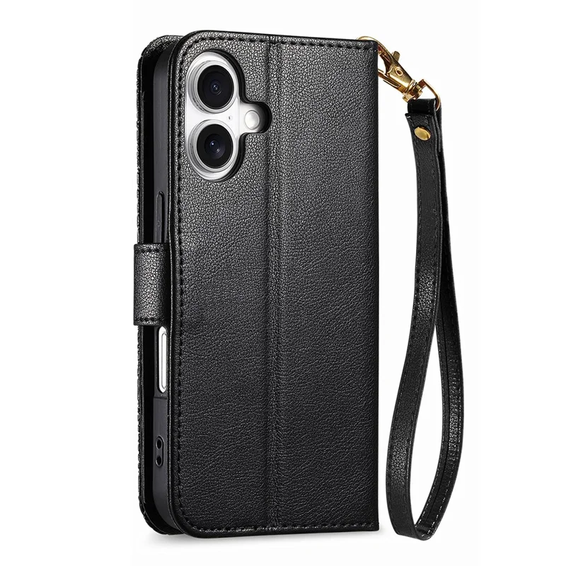 For iPhone 16 Case Floral Leaf Pattern Multi Card Slots Zipper Leather Phone Cover with Wrist Strap - Black