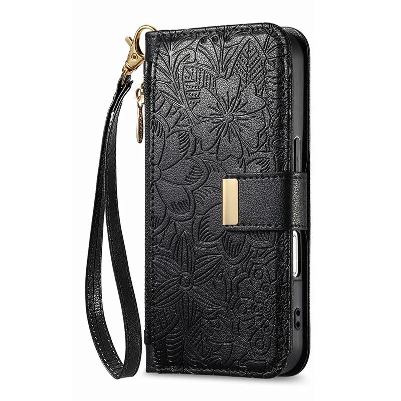For iPhone 16 Case Floral Leaf Pattern Multi Card Slots Zipper Leather Phone Cover with Wrist Strap - Black