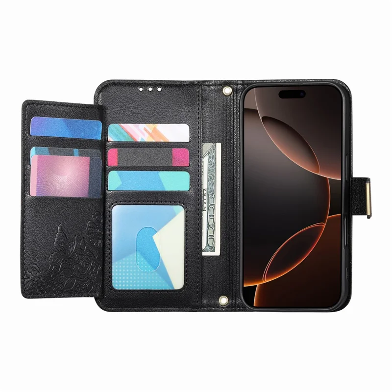 For iPhone 16 Case Floral Leaf Pattern Multi Card Slots Zipper Leather Phone Cover with Wrist Strap - Black