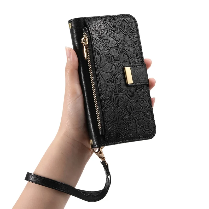 For iPhone 16 Case Floral Leaf Pattern Multi Card Slots Zipper Leather Phone Cover with Wrist Strap - Black