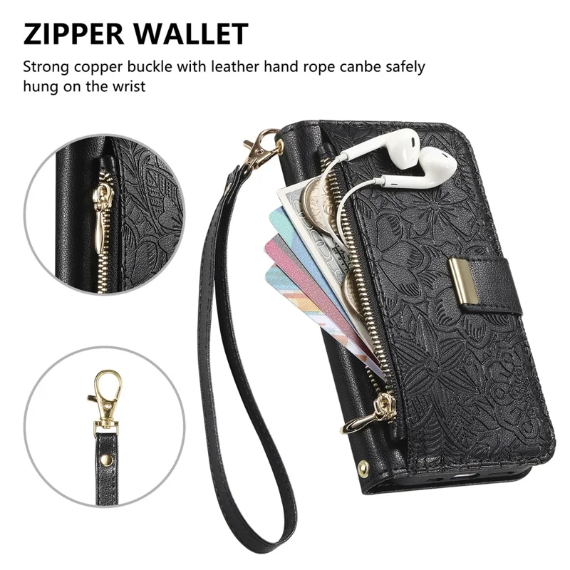 For iPhone 16 Case Floral Leaf Pattern Multi Card Slots Zipper Leather Phone Cover with Wrist Strap - Black
