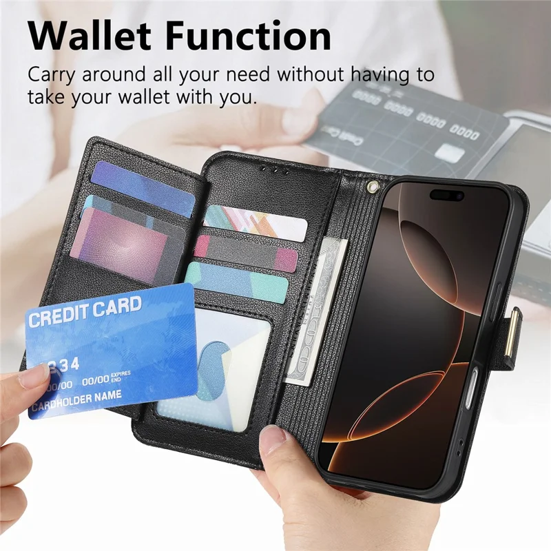 For iPhone 16 Case Floral Leaf Pattern Multi Card Slots Zipper Leather Phone Cover with Wrist Strap - Black