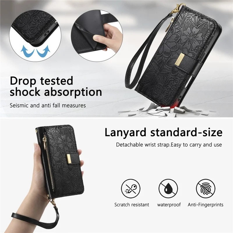 For iPhone 16 Case Floral Leaf Pattern Multi Card Slots Zipper Leather Phone Cover with Wrist Strap - Black