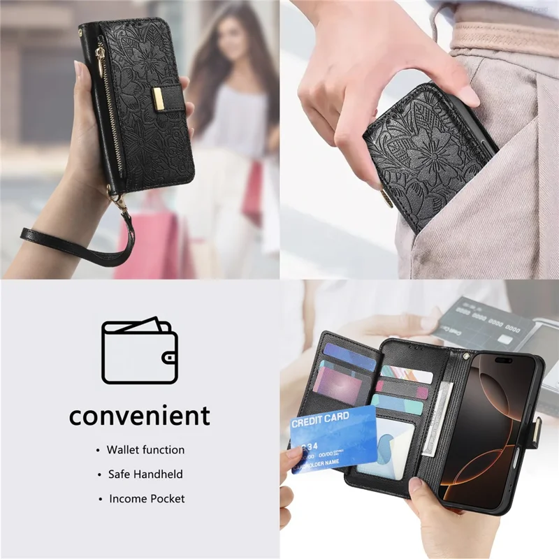 For iPhone 16 Case Floral Leaf Pattern Multi Card Slots Zipper Leather Phone Cover with Wrist Strap - Black