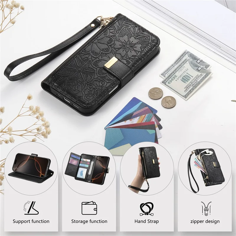 For iPhone 16 Case Floral Leaf Pattern Multi Card Slots Zipper Leather Phone Cover with Wrist Strap - Black