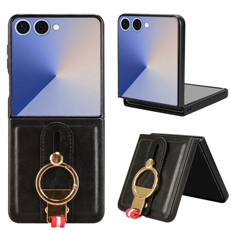 Étui pour Samsung Galaxy Z Flip7 5G avec Bracelet et Support, en Cuir + PC + TPU, Housse de Téléphone avec Décapsuleur - Noir