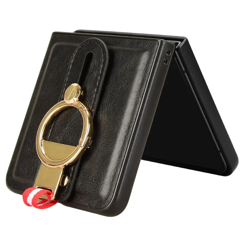 Étui pour Samsung Galaxy Z Flip7 5G avec Bracelet et Support, en Cuir + PC + TPU, Housse de Téléphone avec Décapsuleur - Noir