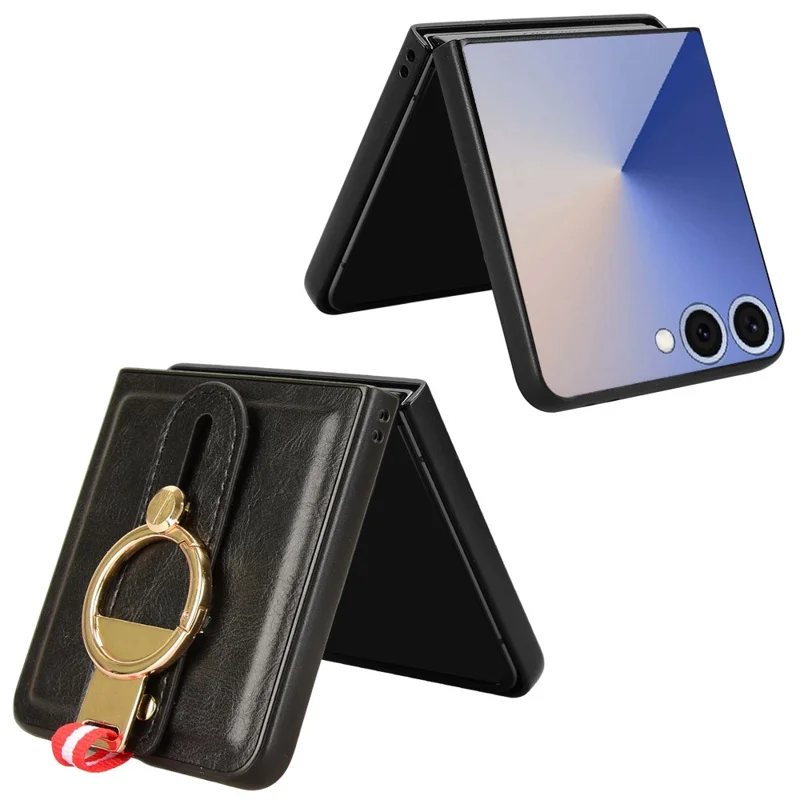 Étui pour Samsung Galaxy Z Flip7 5G avec Bracelet et Support, en Cuir + PC + TPU, Housse de Téléphone avec Décapsuleur - Noir