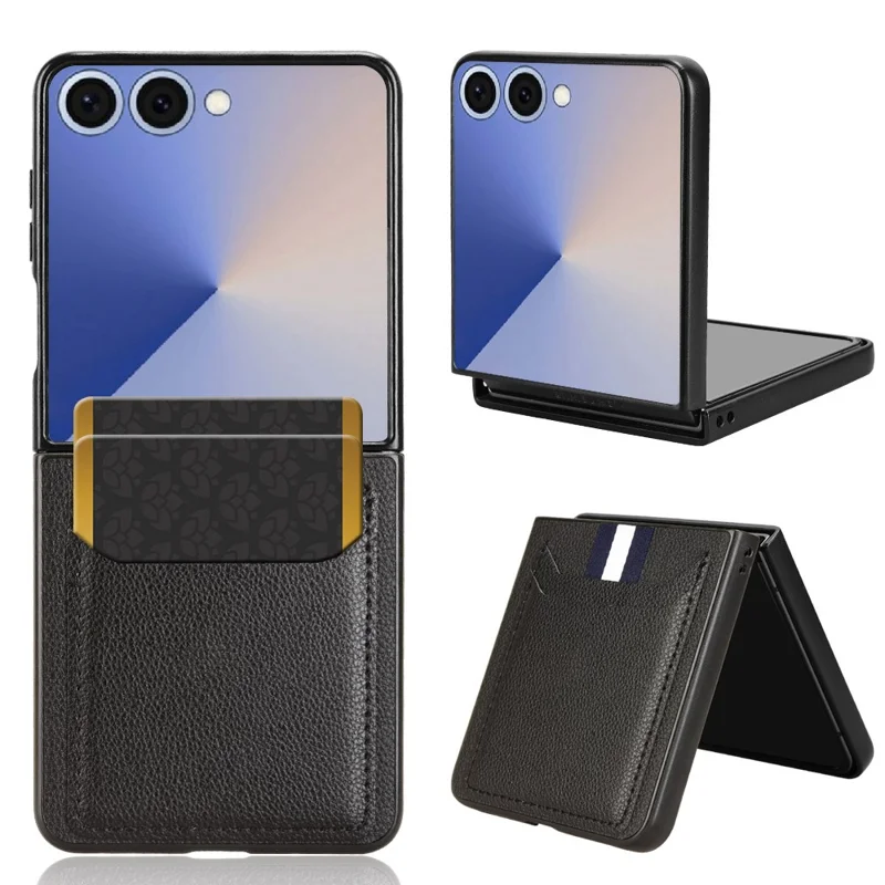 For Samsung Galaxy Z Flip7 5G Case Card Holder Litchi Texture Leather + PC Phone Cover - Black