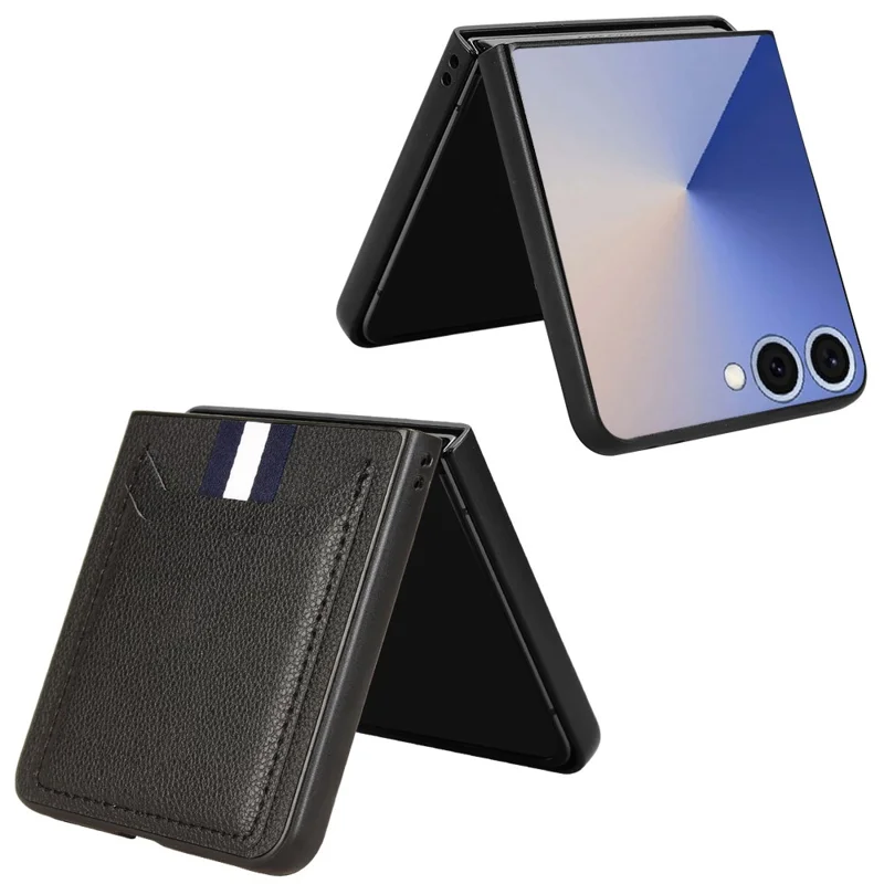 For Samsung Galaxy Z Flip7 5G Case Card Holder Litchi Texture Leather + PC Phone Cover - Black