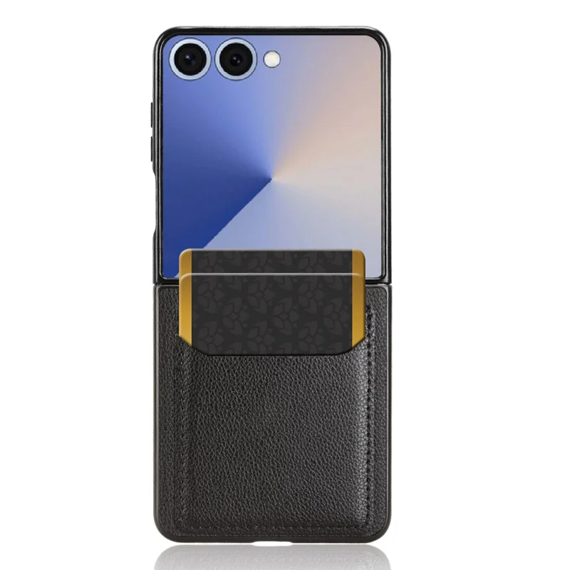 For Samsung Galaxy Z Flip7 5G Case Card Holder Litchi Texture Leather + PC Phone Cover - Black