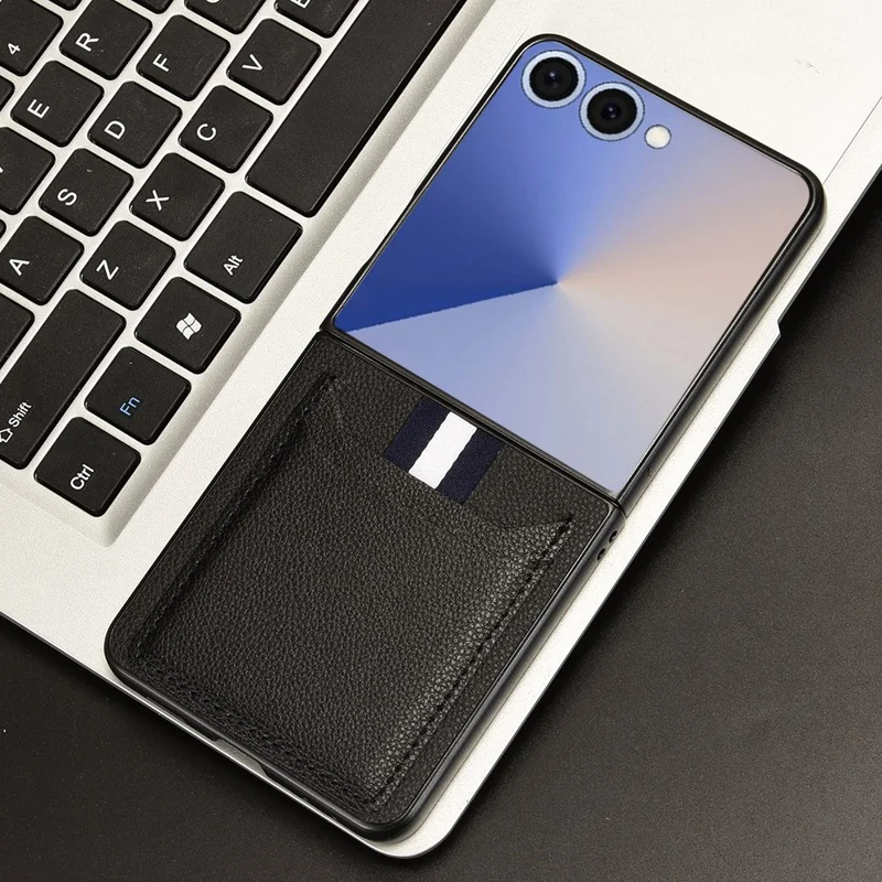 For Samsung Galaxy Z Flip7 5G Case Card Holder Litchi Texture Leather + PC Phone Cover - Black