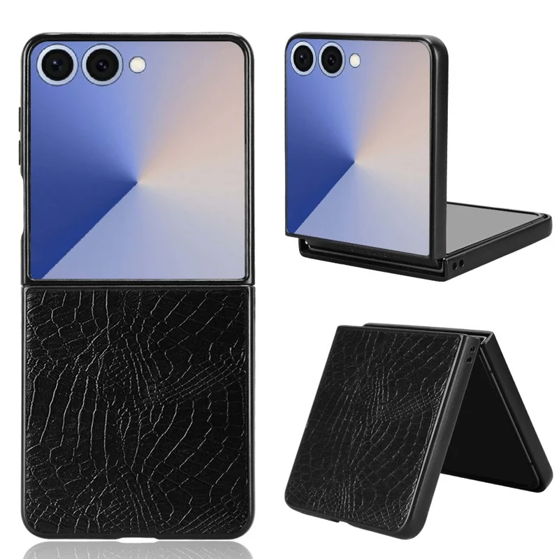 For Samsung Galaxy Z Flip7 5G Case Crocodile Texture Leather Coated Hard PC Phone Cover - Black