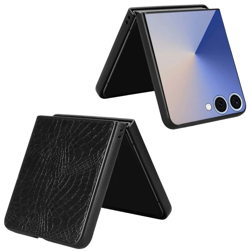 For Samsung Galaxy Z Flip7 5G Case Crocodile Texture Leather Coated Hard PC Phone Cover - Black