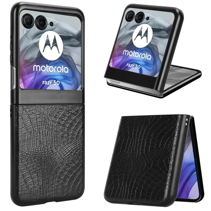 Чехол для Motorola Razr 60 с текстурой крокодиловой кожи, жесткий пластиковый чехол с кожаным покрытием - Черный