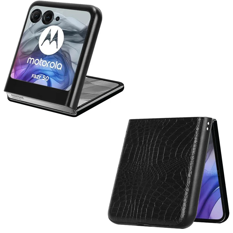 Чехол для Motorola Razr 60 с текстурой крокодиловой кожи, жесткий пластиковый чехол с кожаным покрытием - Черный